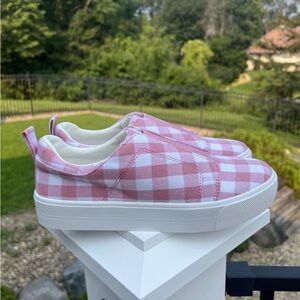 NEW! ISAAC MIZRAH LIVE! Gingham Printed Canvas Sneakers-Light Pink-Size 7M
